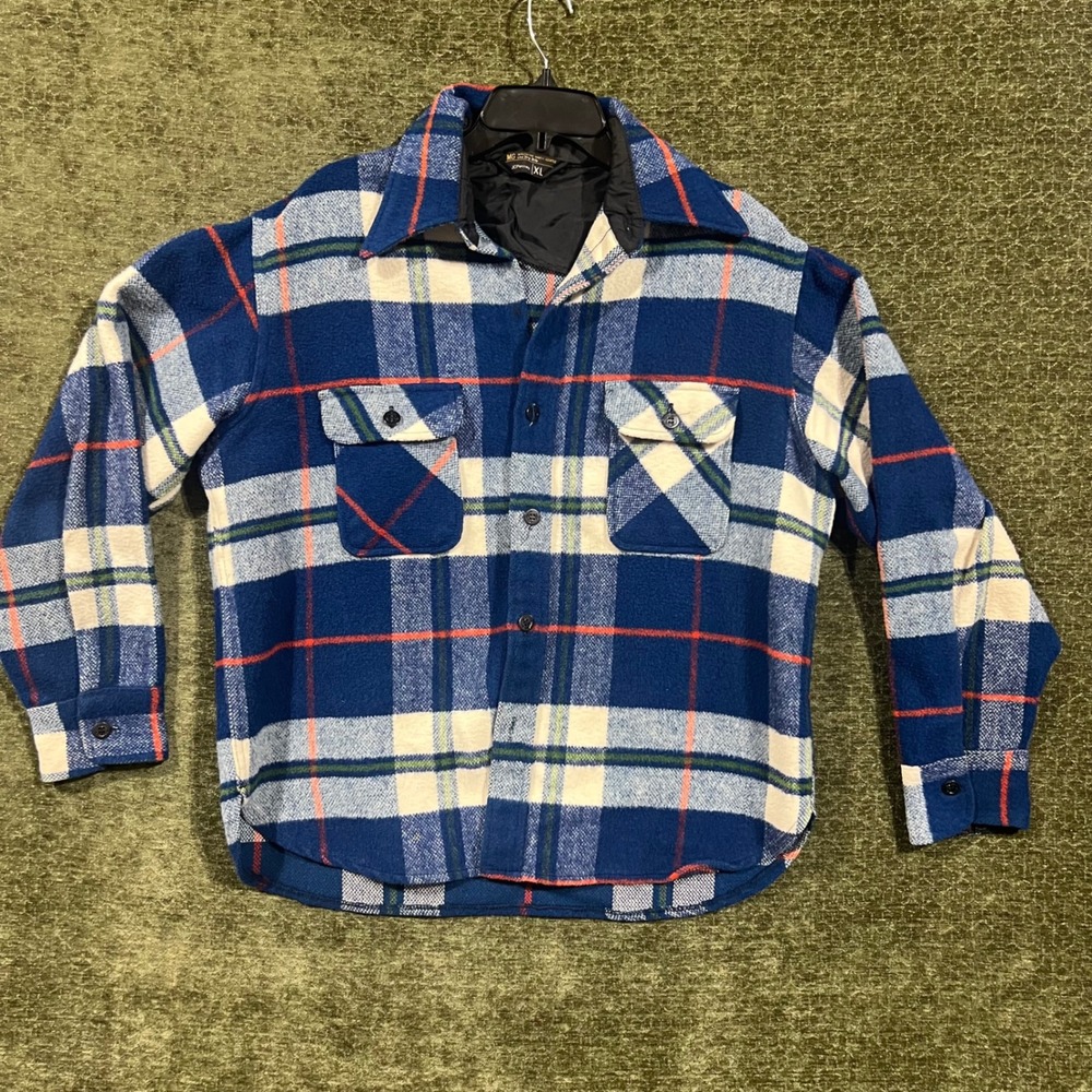 JCPenney MG Flannel Shirt Jacket Mens XL Blue Plaid Anchor Buttons Vintage 70s